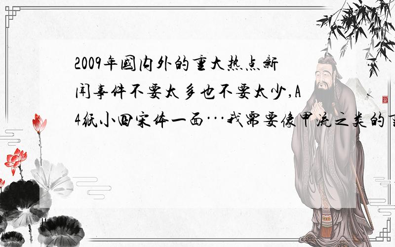 2009年国内外的重大热点新闻事件不要太多也不要太少,A4纸小四宋体一面···我需要像甲流之类的重大的新闻啊!你们的太多了!