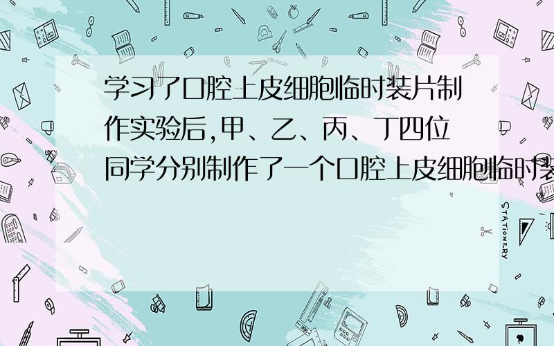 学习了口腔上皮细胞临时装片制作实验后,甲、乙、丙、丁四位同学分别制作了一个口腔上皮细胞临时装片,放到显微镜下观察获得如图2-1-3-3所示的物像,请据图分析回答下列问题.