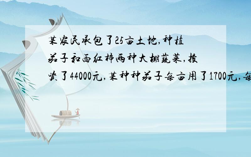 某农民承包了25亩土地,种植茄子和西红柿两种大棚蔬菜,投资了44000元,某种种茄子每亩用了1700元,每亩获2400元,种西红柿每亩用了1800元,每亩获纯利2600元,求农民一共获利多少元?一元一次方程