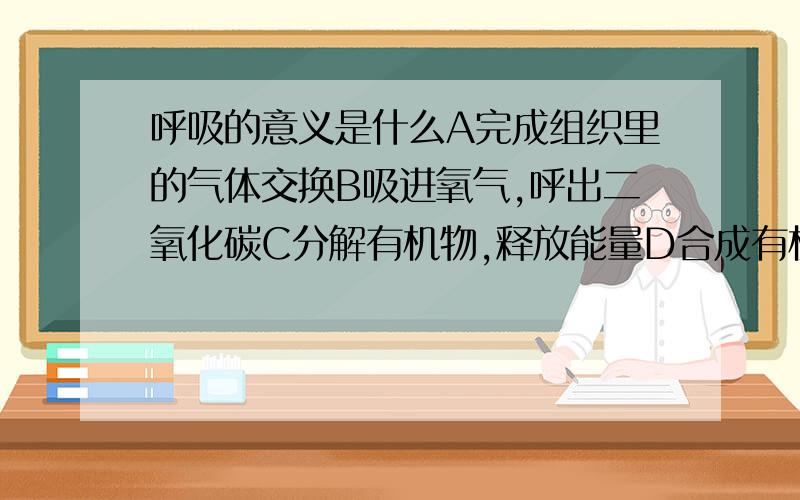 呼吸的意义是什么A完成组织里的气体交换B吸进氧气,呼出二氧化碳C分解有机物,释放能量D合成有机物净化血