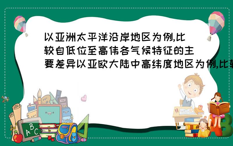 以亚洲太平洋沿岸地区为例,比较自低位至高伟各气候特征的主要差异以亚欧大陆中高纬度地区为例,比较大陆西岸,大陆内部,大陆东岸各气候类型的气候特征的主要差异.