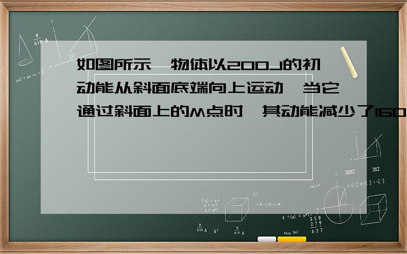 如图所示,物体以200J的初动能从斜面底端向上运动,当它通过斜面上的M点时,其动能减少了160J,机械能减少了64J,最后到达最高点N,则从底端到M点重力做功_______从底端到N点合外力做功_______从M点