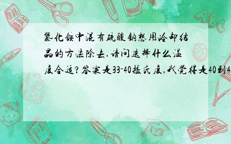 氯化铵中混有硫酸钠想用冷却结晶的方法除去,请问选择什么温度合适?答案是33-40摄氏度,我觉得是40到45摄氏度,我认为首先应该选择硫酸钠溶解度比氯化铵大的温度,其次要氯化铵析出而最好