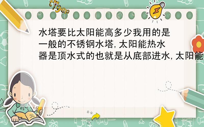 水塔要比太阳能高多少我用的是一般的不锈钢水塔,太阳能热水器是顶水式的也就是从底部进水,太阳能的总高是一米六,请问水塔要装多高才能正常进水.问2：如果水塔的出水口和太阳能顶部