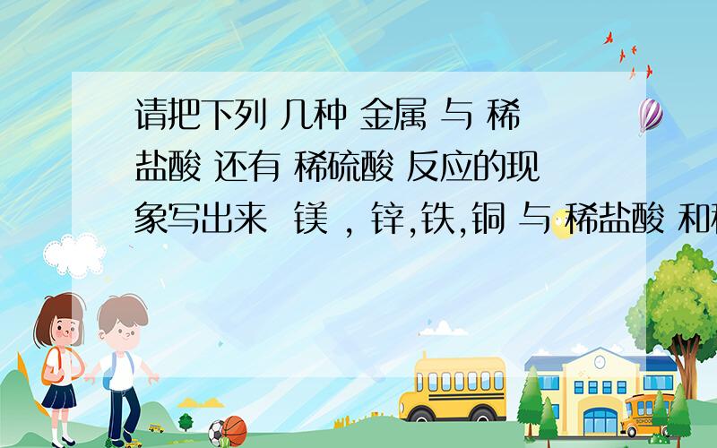 请把下列 几种 金属 与 稀盐酸 还有 稀硫酸 反应的现象写出来  镁 , 锌,铁,铜 与 稀盐酸 和稀硫酸 的现象反应. 都要写出来, ‘