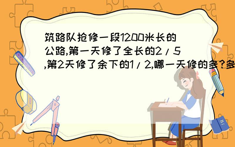 筑路队抢修一段1200米长的公路,第一天修了全长的2/5,第2天修了余下的1/2,哪一天修的多?多多少米?