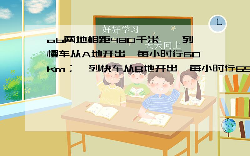 ab两地相距480千米,一列慢车从A地开出,每小时行60km；一列快车从B地开出,每小时行65km.1、如果两车同时开出,相向而行x时间相遇,则列方程为2、辆车同时开出背而行,x小时之后,两车相距620千米,