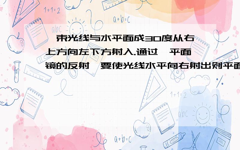 一束光线与水平面成30度从右上方向左下方射入.通过一平面镜的反射,要使光线水平向右射出则平面镜与水平面的夹角为（ ）要使光线向右射出,则平面镜与水平面的夹角为（ ）