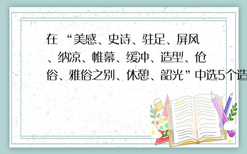 在 “美感、史诗、驻足、屏风、纳凉、帷幕、缓冲、造型、伧俗、雅俗之别、休憩、韶光”中选5个造句