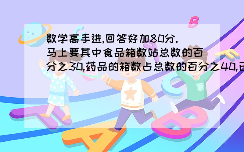 数学高手进,回答好加80分.马上要其中食品箱数站总数的百分之30,药品的箱数占总数的百分之40,已知药品比食品多48箱,捐的这批物品共有多少箱?（2）一套服装打八折出售,比原价少卖了120元,