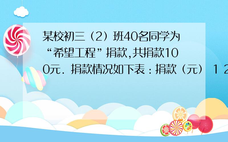 某校初三（2）班40名同学为“希望工程”捐款,共捐款100元．捐款情况如下表：捐款（元） 1 2 3 人 数 10