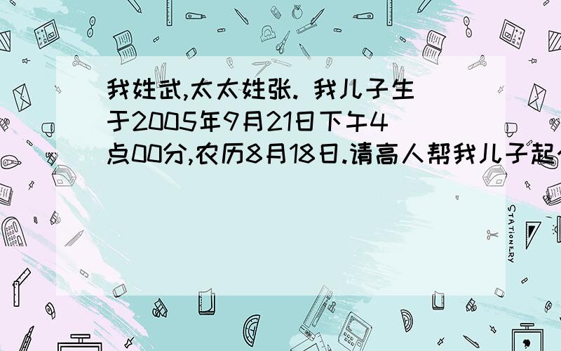 我姓武,太太姓张. 我儿子生于2005年9月21日下午4点00分,农历8月18日.请高人帮我儿子起个可爱的英文名,写的时候,要翻译,多谢!