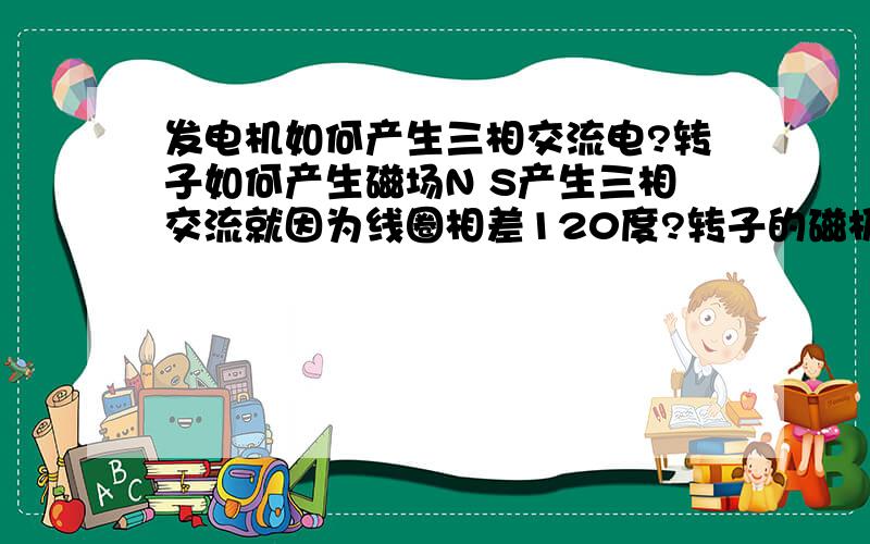 发电机如何产生三相交流电?转子如何产生磁场N S产生三相交流就因为线圈相差120度?转子的磁极分布式如何产生N S极的,定子线圈又如何产生正弦交流电