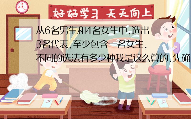 从6名男生和4名女生中,选出3名代表,至少包含一名女生,不同的选法有多少种我是这么算的.先确定一名女生是C(4,1),然后从剩下9个人选出2个即可.C(9,2),两者相乘得144,可答案是100.问一下我错在