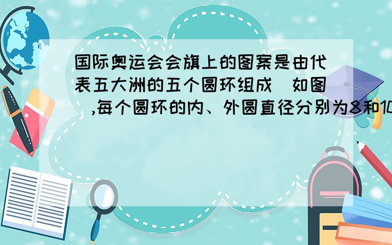 国际奥运会会旗上的图案是由代表五大洲的五个圆环组成（如图）,每个圆环的内、外圆直径分别为8和10,图中两两相交成的小曲边四边形（黑色部分）的面积相等,已知五个圆环覆盖的面积是1