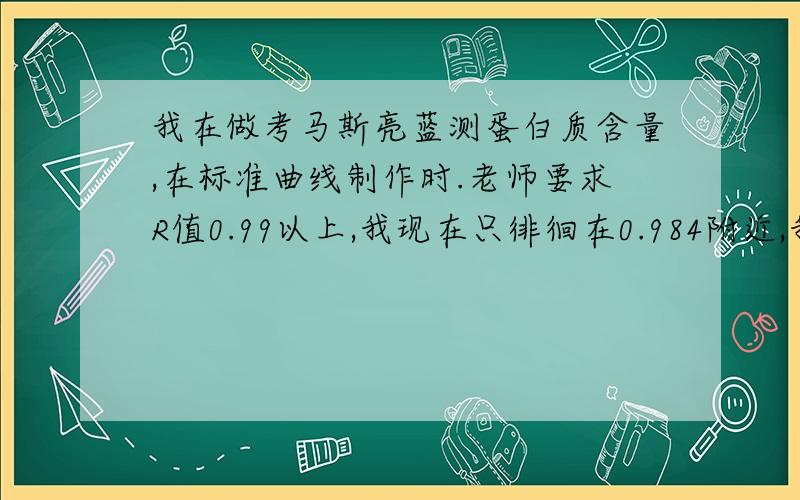 我在做考马斯亮蓝测蛋白质含量,在标准曲线制作时.老师要求R值0.99以上,我现在只徘徊在0.984附近,我实验用的就是移液枪.但是有点不准,我就是想知道是不是移液枪不准会对实验结果影响有我