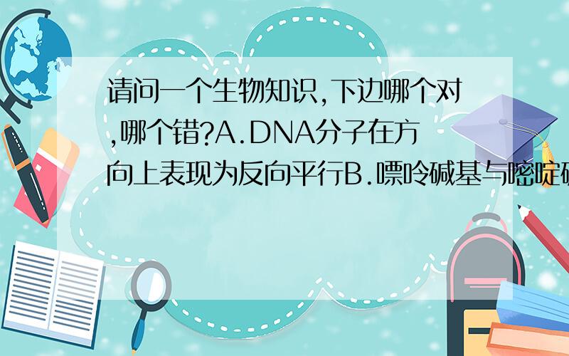 请问一个生物知识,下边哪个对,哪个错?A.DNA分子在方向上表现为反向平行B.嘌呤碱基与嘧啶碱基结合才能保证DNA空间结构的稳定