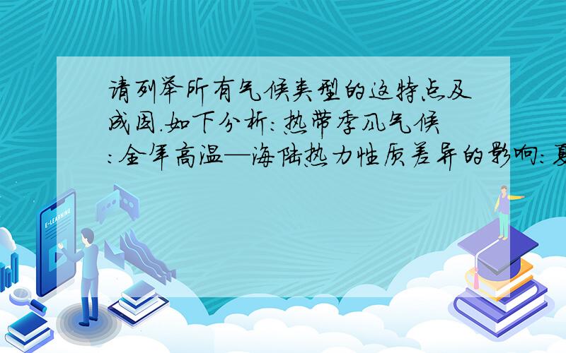 请列举所有气候类型的这特点及成因.如下分析：热带季风气候：全年高温—海陆热力性质差异的影响：夏季受印度洋西南疾风的影响,降水丰沛；冬季?下面的提示出错了,请用语言叙述地壳物