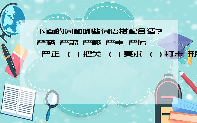 下面的词和哪些词语搭配合适?严格 严肃 严峻 严重 严厉 严正 （）把关 （）要求 （）打击 形势( )态度（） （)声明 后果（）