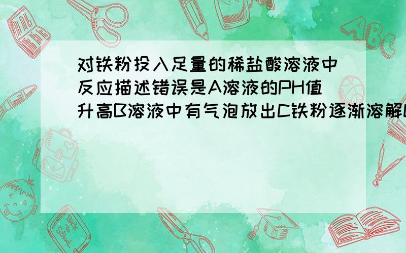 对铁粉投入足量的稀盐酸溶液中反应描述错误是A溶液的PH值升高B溶液中有气泡放出C铁粉逐渐溶解D溶液质量减