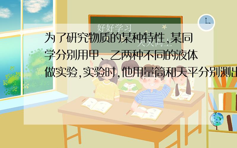 为了研究物质的某种特性,某同学分别用甲、乙两种不同的液体做实验,实验时,他用量筒和天平分别测出甲（或乙）液体在不同体积时的质量.下表记录的是实验测得的数据及求得的质量跟体积