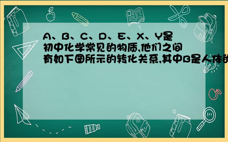 A、B、C、D、E、X、Y是初中化学常见的物质,他们之间有如下图所示的转化关系,其中B是人体的一种酸A与B   E与X  的反应方程式