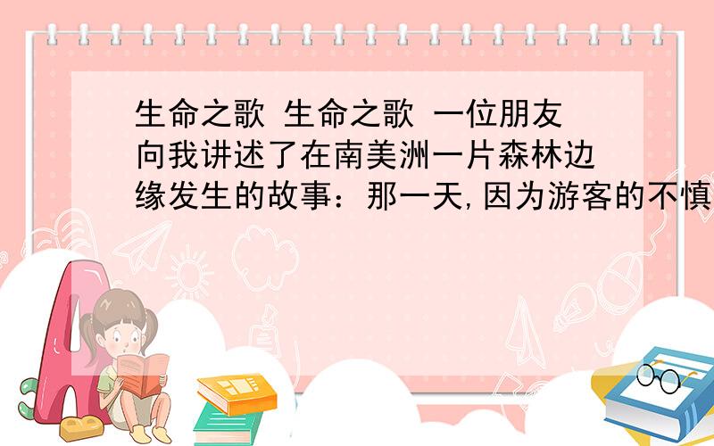 生命之歌 生命之歌 一位朋友向我讲述了在南美洲一片森林边缘发生的故事：那一天,因为游客的不慎,使临河的一片草丛起火了,顺着风势游走阗的火舌活像一挂红色的项链,开始围向一个小小