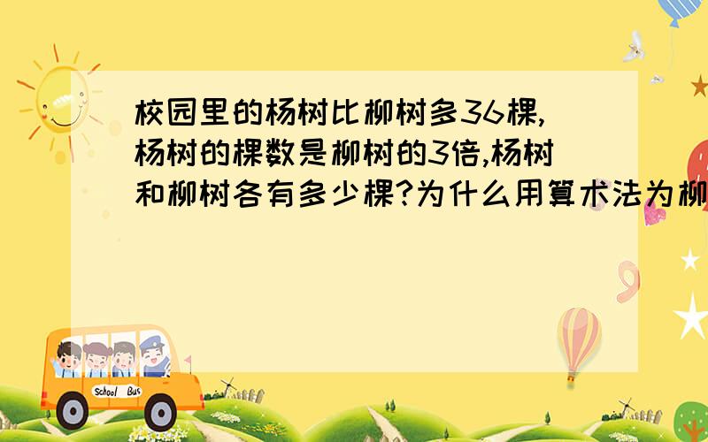 校园里的杨树比柳树多36棵,杨树的棵数是柳树的3倍,杨树和柳树各有多少棵?为什么用算术法为柳树有:36÷(3-1)=18棵杨树有:36+18=54棵?