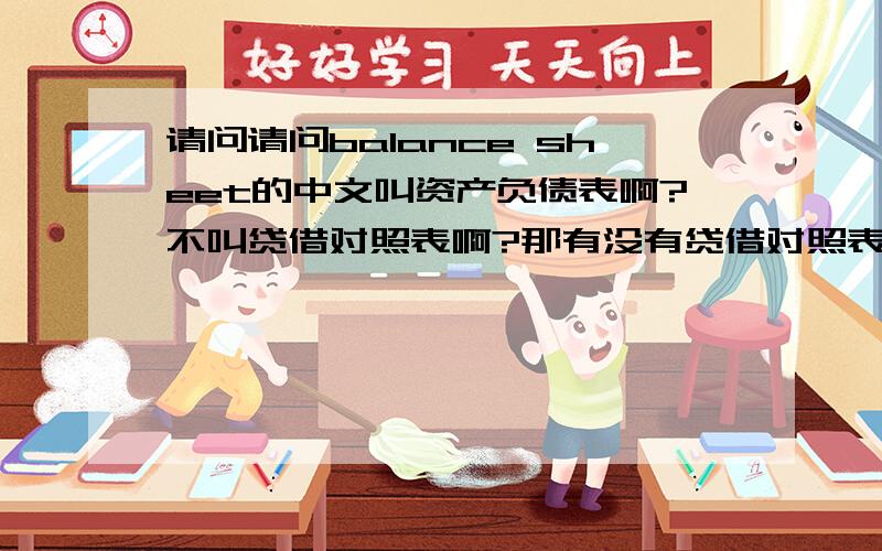 请问请问balance sheet的中文叫资产负债表啊?不叫贷借对照表啊?那有没有贷借对照表这个说法啊?