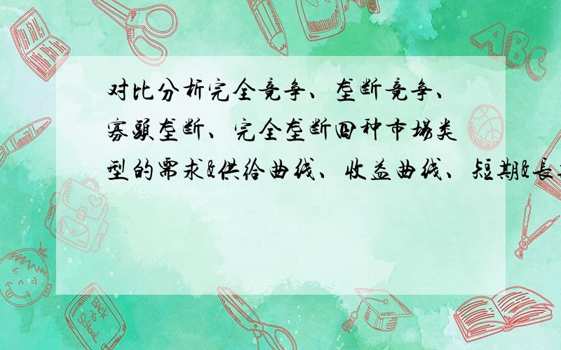 对比分析完全竞争、垄断竞争、寡头垄断、完全垄断四种市场类型的需求&供给曲线、收益曲线、短期&长期均衡的情况