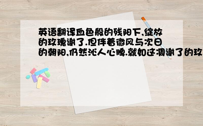 英语翻译血色般的残阳下,绽放的玫瑰谢了.但伴着微风与次日的朝阳,仍然沁人心脾.就如这凋谢了的玫瑰,上帝并没有给我们一个公平的世界,对于我们,他给予了足够的苦难.但同时,上帝又是那