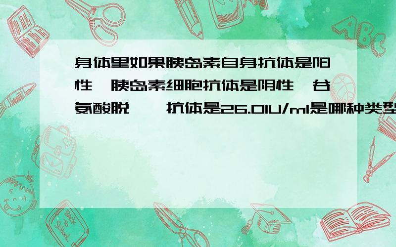 身体里如果胰岛素自身抗体是阳性,胰岛素细胞抗体是阴性,谷氨酸脱羧酶抗体是26.01U/ml是哪种类型糖尿病?患者信息：女 22岁