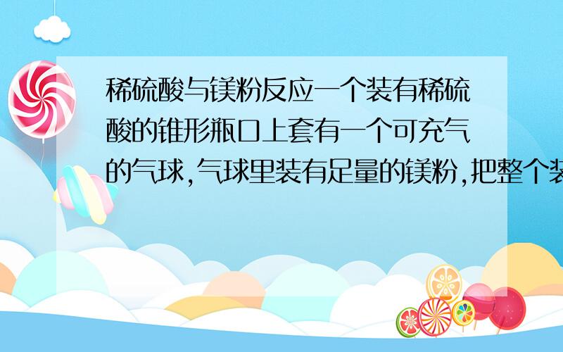 稀硫酸与镁粉反应一个装有稀硫酸的锥形瓶口上套有一个可充气的气球,气球里装有足量的镁粉,把整个装置放在天平上,称得总质量为M1.把气球里的镁粉倒入稀硫酸里,充分反应后,立即产生大