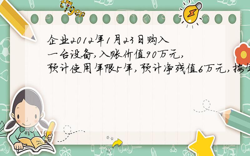 企业2012年1月23日购入一台设备,入账价值90万元,预计使用年限5年,预计净残值6万元,按年限平均法计算折旧.该设备2012年计提的折旧额为（    ）万元.     A.16.8             B.21.6         C.22.4        D.15