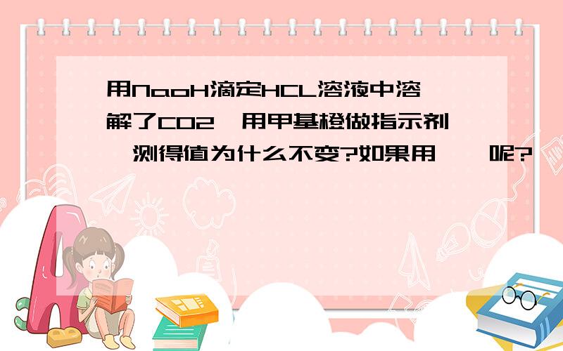 用NaoH滴定HCL溶液中溶解了CO2,用甲基橙做指示剂,测得值为什么不变?如果用酚酞呢?