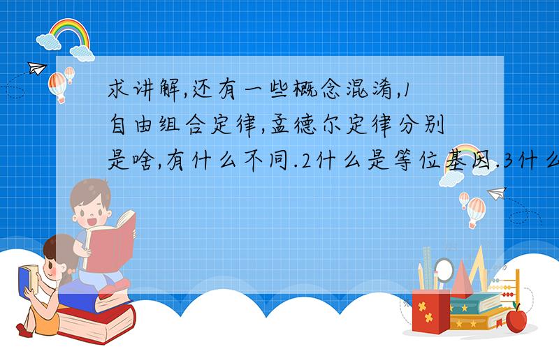 求讲解,还有一些概念混淆,1自由组合定律,孟德尔定律分别是啥,有什么不同.2什么是等位基因.3什么是同源染色体,分别从有丝和减数两方面举例