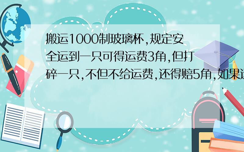 搬运1000制玻璃杯,规定安全运到一只可得运费3角,但打碎一只,不但不给运费,还得赔5角,如果运完后共得到260元,那么,搬运中打碎了多少只?