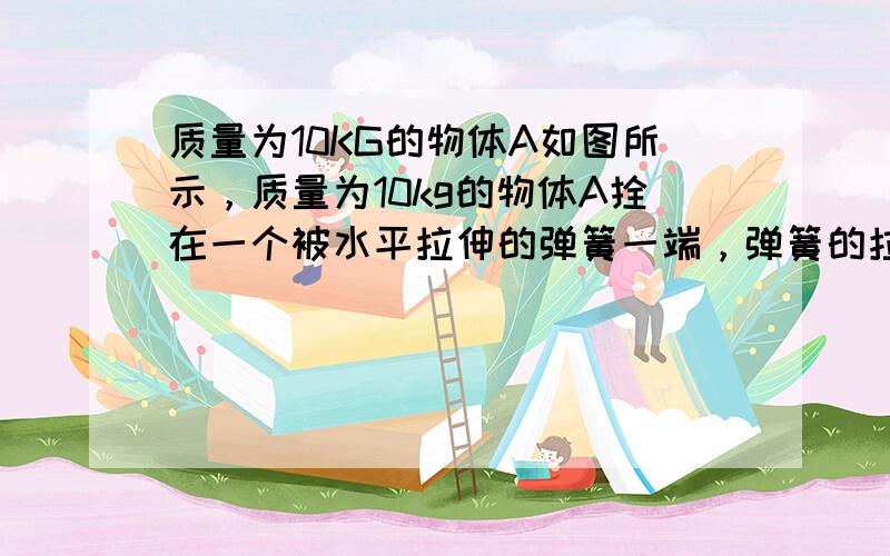 质量为10KG的物体A如图所示，质量为10kg的物体A拴在一个被水平拉伸的弹簧一端，弹簧的拉力为5N时，物体A 处于静止状态。若小车以1m/s2的加速度向右运动后，则（g=10m/s2） （ ） A．物体A相