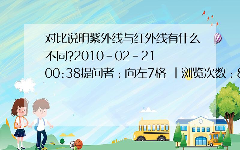 对比说明紫外线与红外线有什么不同?2010-02-21 00:38提问者：向左7格 |浏览次数：878次下面是一些红外线与紫外线的对比：1.红外线是任何物体都能辐射的,而天然紫外线的产生多来自太阳.2.红