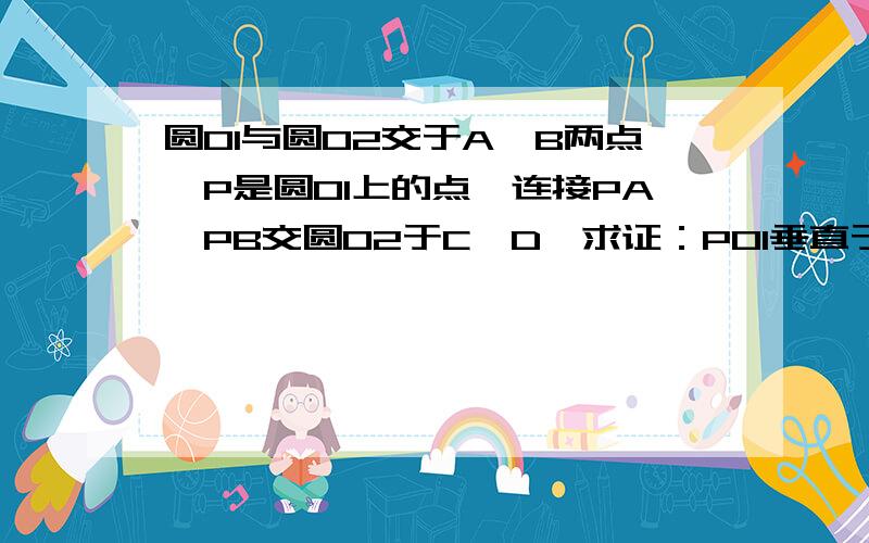 圆O1与圆O2交于A、B两点,P是圆O1上的点,连接PA、PB交圆O2于C、D,求证：PO1垂直于CD