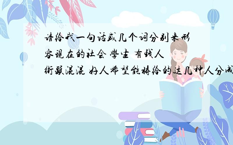 请给我一句话或几个词分别来形容现在的社会 学生 有钱人 街头混混 好人希望能将给的这几种人分成几类回答 并且认真回答.