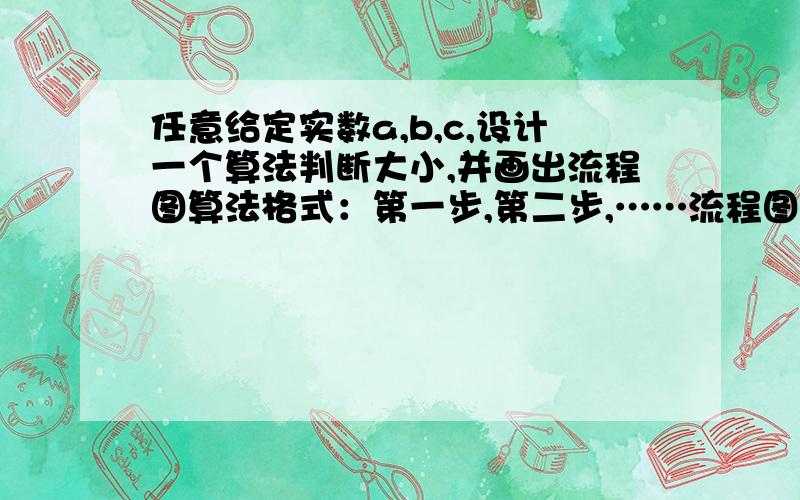 任意给定实数a,b,c,设计一个算法判断大小,并画出流程图算法格式：第一步,第二步,……流程图可不画