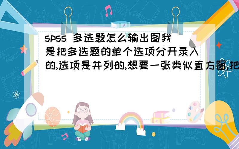 spss 多选题怎么输出图我是把多选题的单个选项分开录入的,选项是并列的,想要一张类似直方图,把每个选项选择的人数输出,我手绘了个示意图,在下面,有谁能指点下我,我试过了确实可以但是