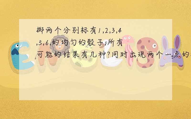 掷两个分别标有1,2,3,4,5,6,的均匀的骰子,所有可能的结果有几种?同时出现两个一点的概率同时出现两个六点的概率同时出现相同点的概率出现不同点的概率