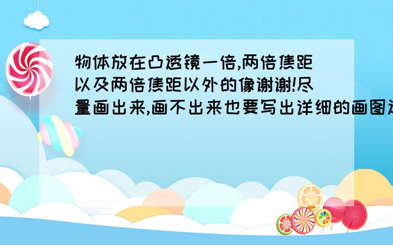 物体放在凸透镜一倍,两倍焦距以及两倍焦距以外的像谢谢!尽量画出来,画不出来也要写出详细的画图过程,让我一看就会话的那种！急用！回答