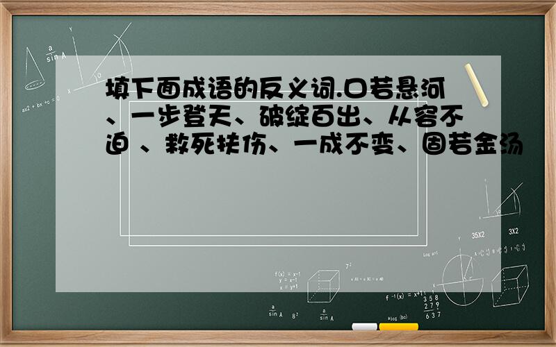 填下面成语的反义词.口若悬河、一步登天、破绽百出、从容不迫 、救死扶伤、一成不变、固若金汤