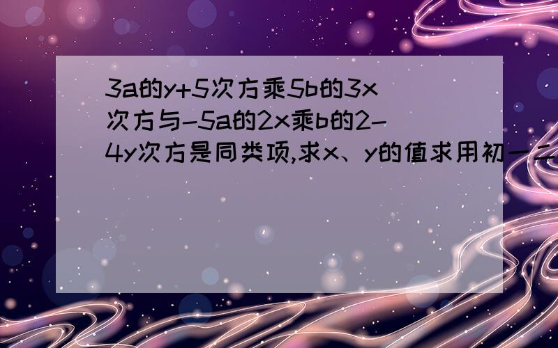 3a的y+5次方乘5b的3x次方与-5a的2x乘b的2-4y次方是同类项,求x、y的值求用初一二元一次方程组的 具体方法