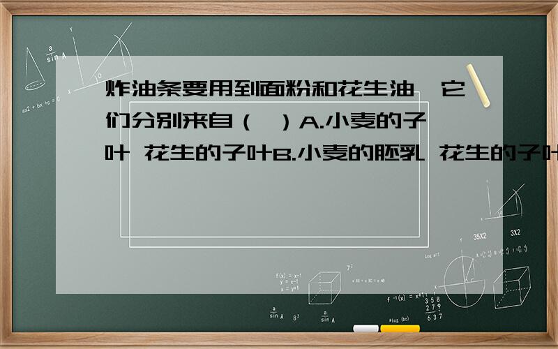 炸油条要用到面粉和花生油,它们分别来自（ ）A.小麦的子叶 花生的子叶B.小麦的胚乳 花生的子叶C.小麦的子叶 花生的胚乳D.小麦的胚乳 花生的胚乳