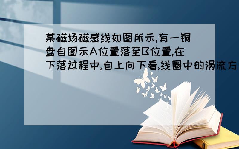 某磁场磁感线如图所示,有一铜盘自图示A位置落至B位置,在下落过程中,自上向下看,线圈中的涡流方向是?