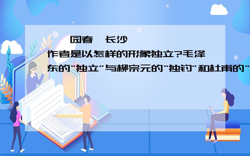 《沁园春•长沙》作者是以怎样的形象独立?毛泽东的“独立”与柳宗元的“独钓”和杜甫的“独立”比起来,我们可以想像作者是以怎样的形象独立?附录：柳宗元的《江雪》：千山鸟飞尽